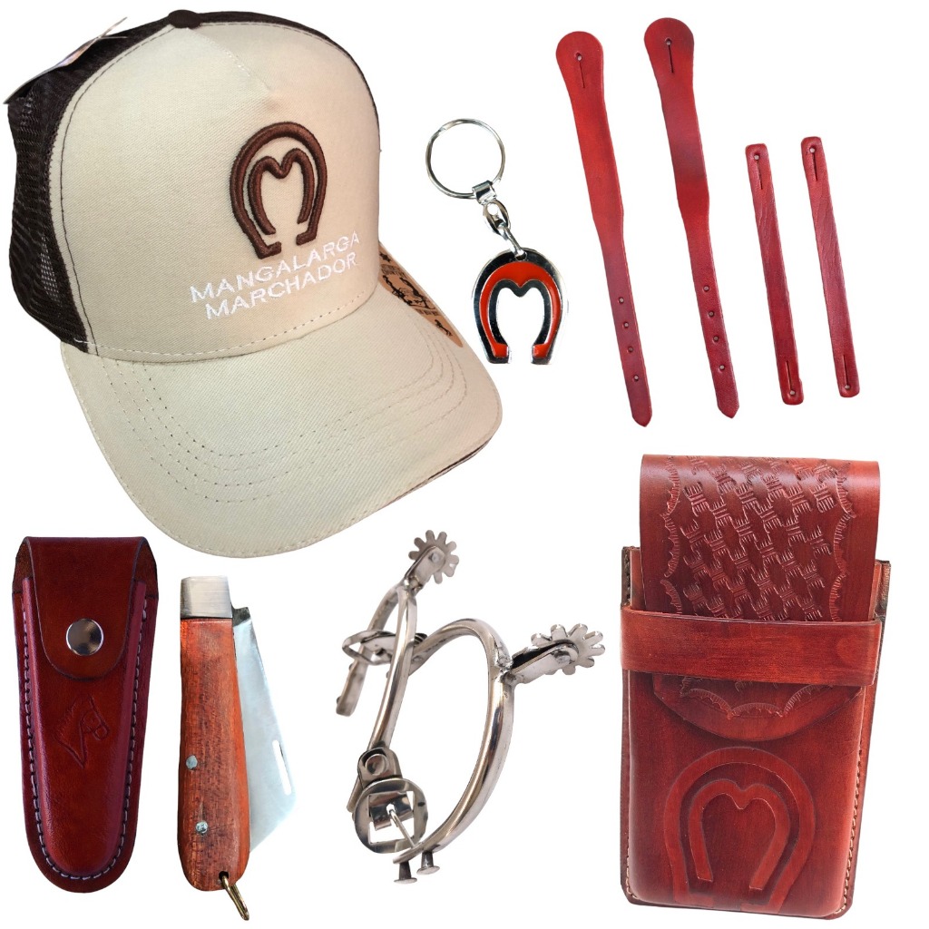 Boné Farm+Canivete e Bainha+Espora e Correia+Capa celular+Chaveiro kit country Mangalarga completo
