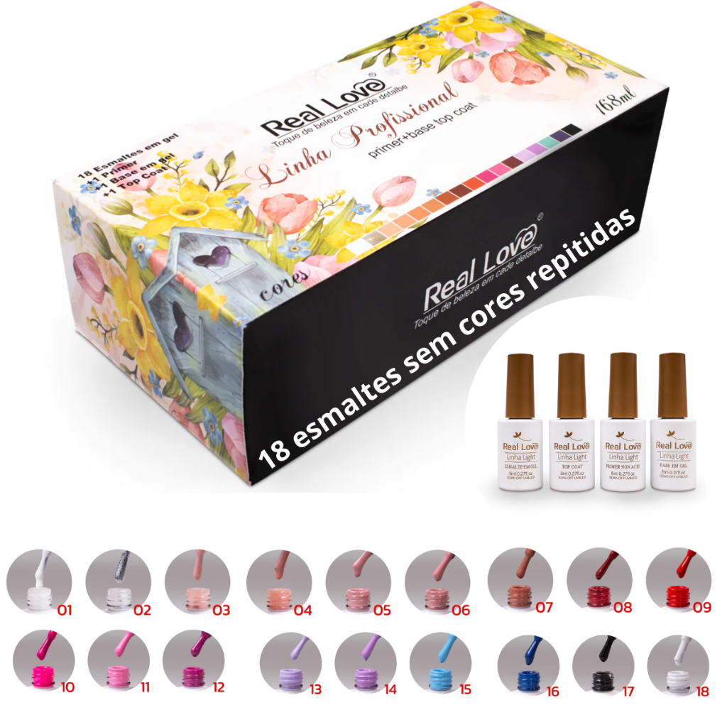 Kit 18 Esmaltes Em Gel + Preparadores Real Love Profissional Esmaltes Base em Gel Top Coat E Primer