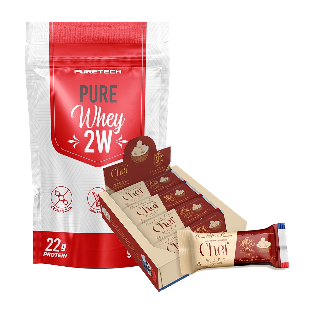 Kit Whey Protein 2W Refil 900g - Puretech + Barra de Proteína Premium Display C/ 12 Uni - Chef Whey