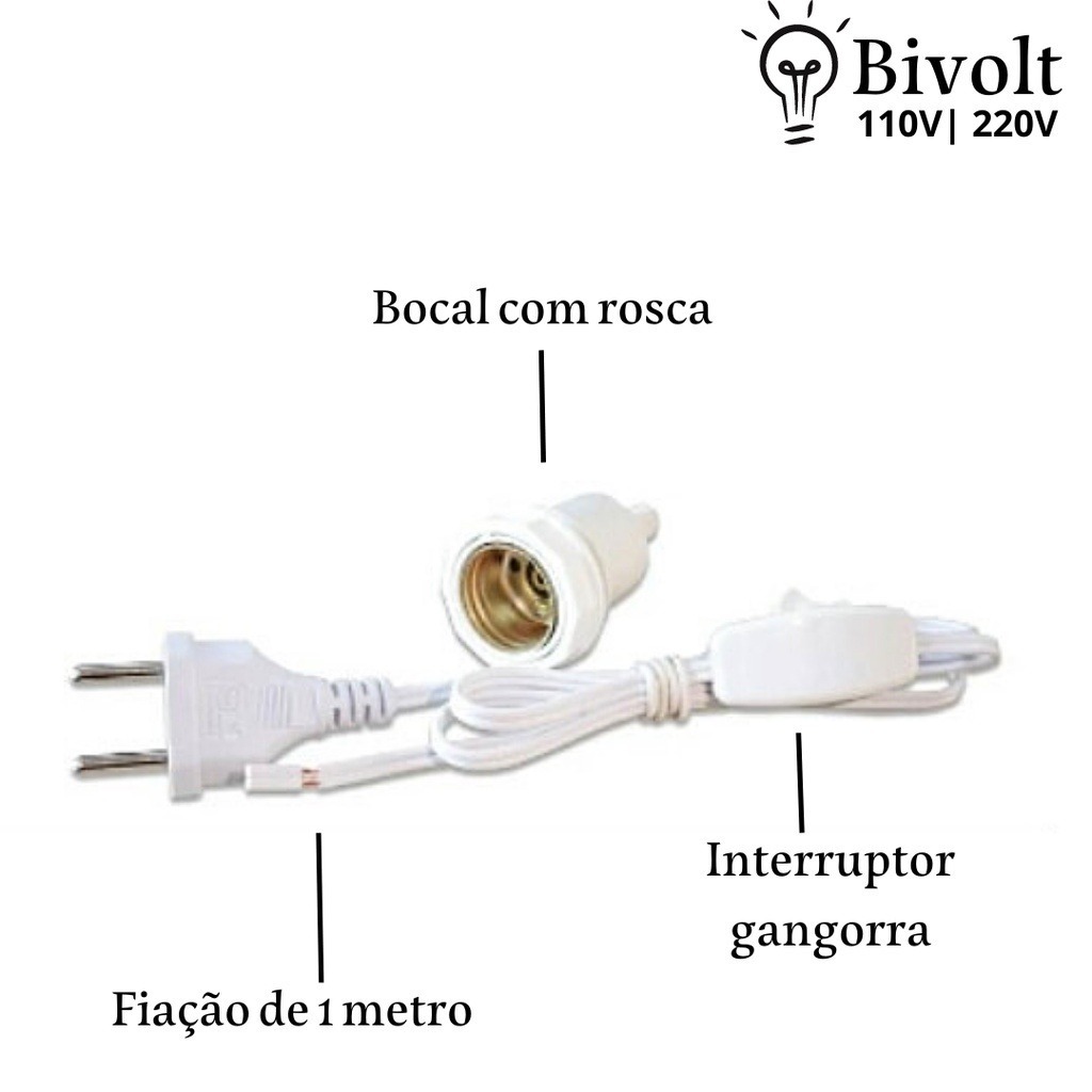 Cabo Fiação De Abajur 1,5 m Rabicho Bocal E Soquete branco completo Bivolt Luminária, Ring Light, Camarim chicote de abajur fiação para abajur fiação eletrica abajur