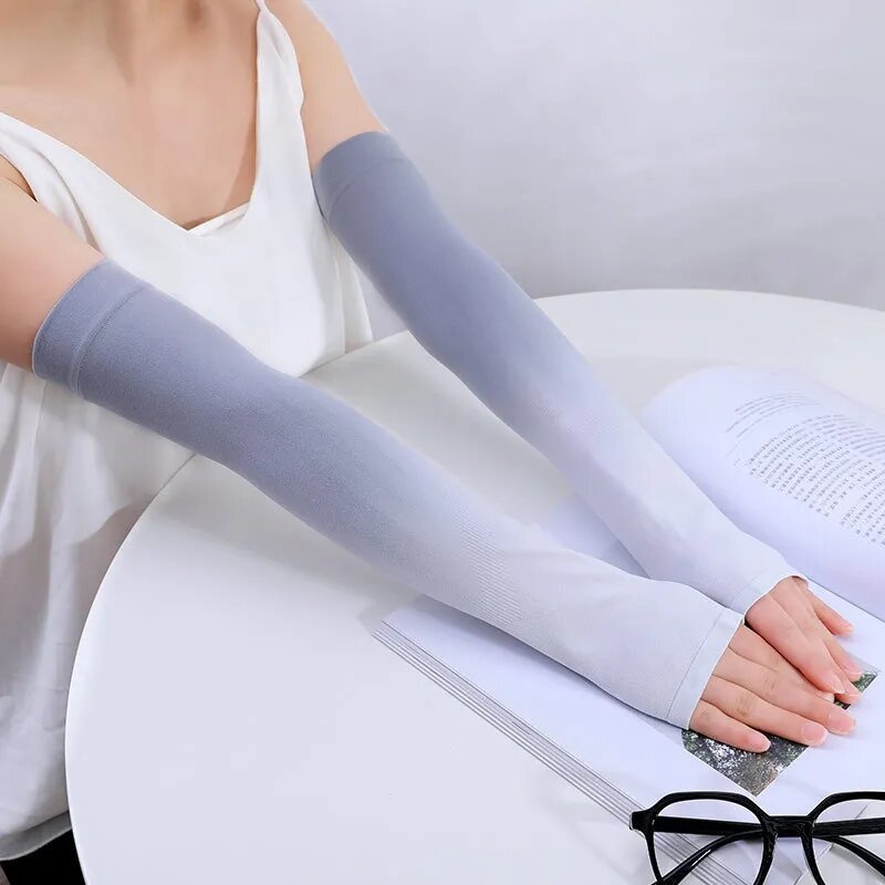 Par Manguito Proteção Solar com Dedeira Mangote Proteção Solar Fina UV Braço Seda Masculina Feminina Respirável 40cm