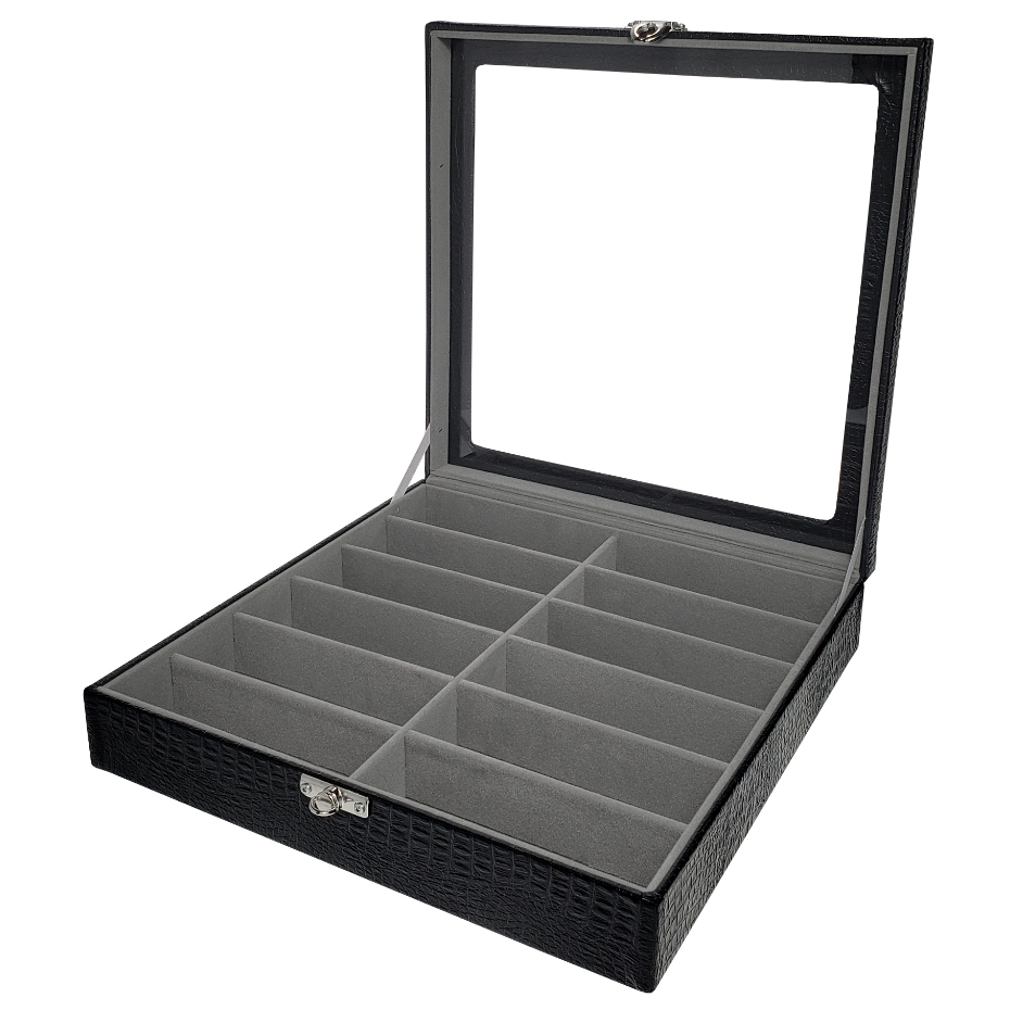 Maleta Caixa Estojo Organizador 12 Óculos Preto Interno Aveludado Cinza