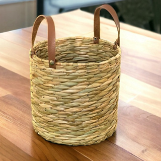 Vaso Cachepot de palha de taboa 20x20 com alça de couro em Oferta na Shopee