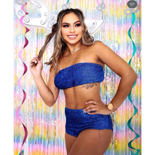 Conjunto hot pants lurex brilho com bojo fantasia de carnaval feminina