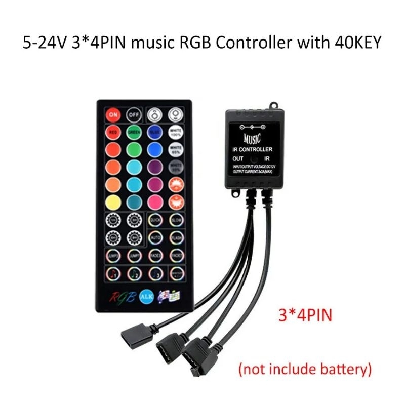 Controlador RGB de música com controle remoto, IR, Microfone embutido, Sensor de som para 5050 SMD, Fita LED Strip, DC 12V,  40 teclas