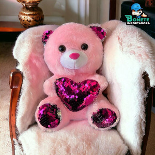 Urso de pelúcia com coração lantejoulas 21cm para cestas presentes/brinquedo