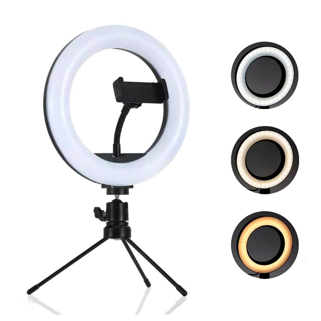 Kit Ring Light Blogueira Luminária De Led 6 Polegadas Portátil + Tripé de Mesa