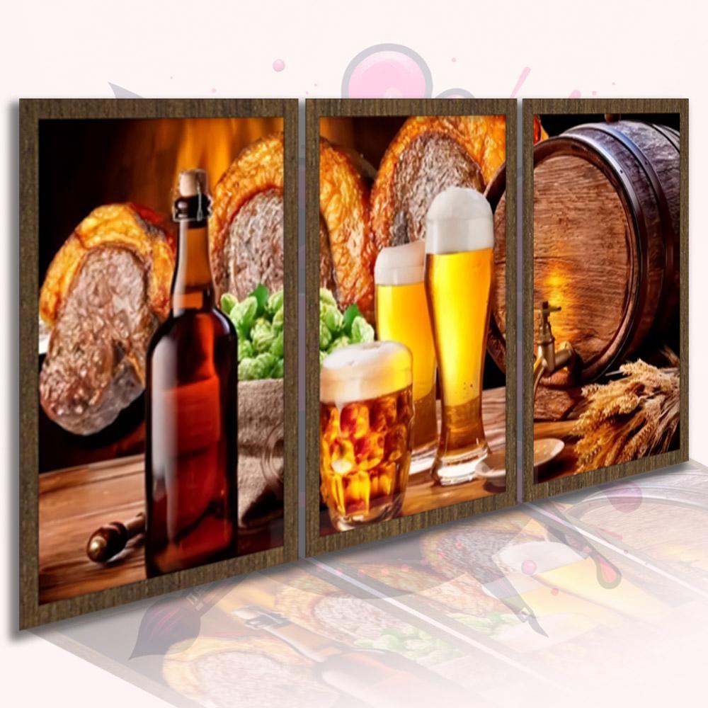 Quadro Decorativo Mosaico 3 Peças Bar Chopp Churrasco com bordas marrom escuro