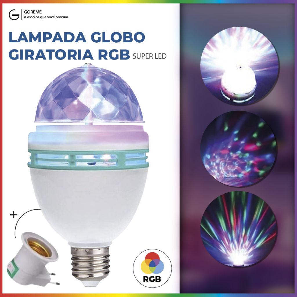 Lâmpada Giratória Colorida Led Bola Maluca Rgb + Adaptador Tomada para Festas Baladas em Oferta na Shopee