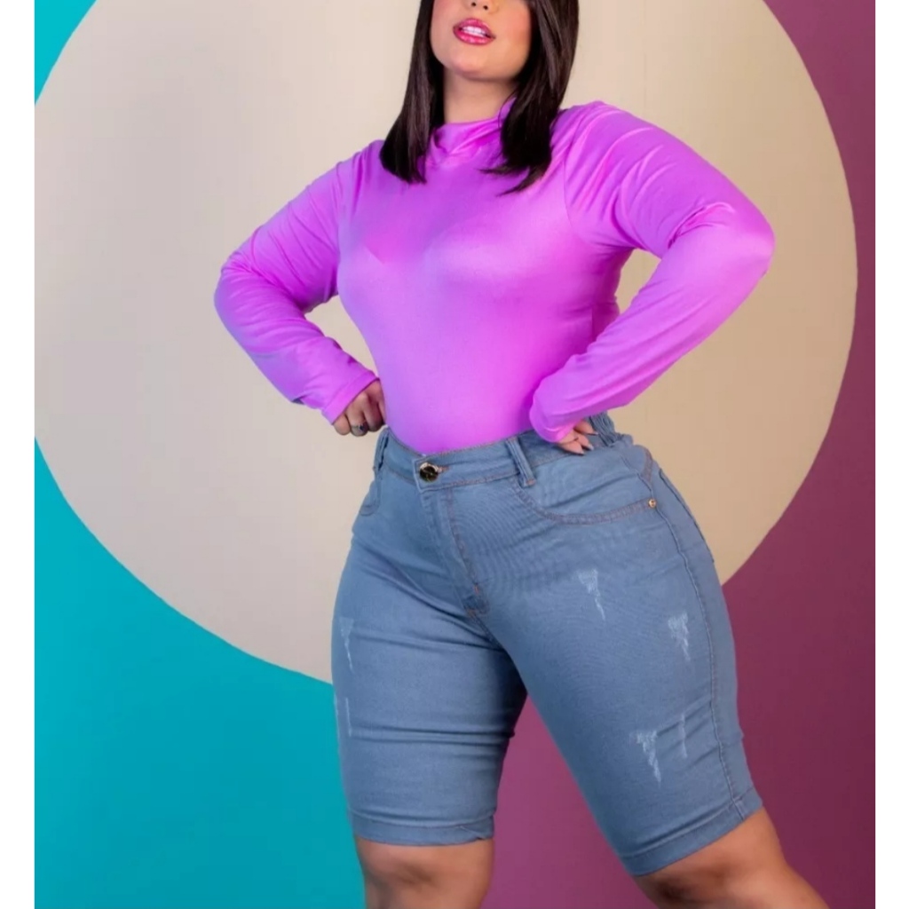 Bermudas Jeans Até o Joelho Short Plus Size Feminina Lycra Cintura Alta