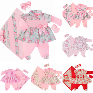 Saída Maternidade Bebê Menina 05 Peças 100% algodão Vestido Luxo com Laço