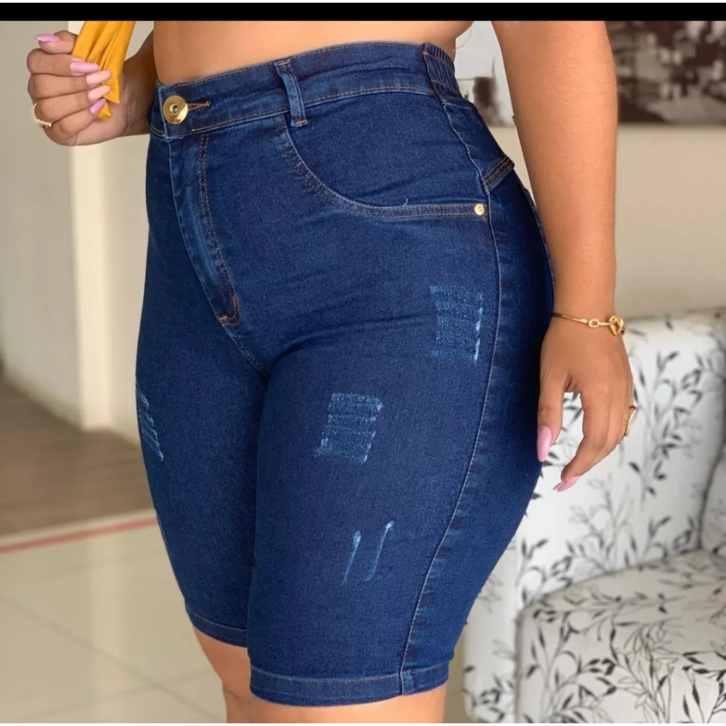 Bermudas Jeans Até o Joelho Plus Size Feminina Lycra