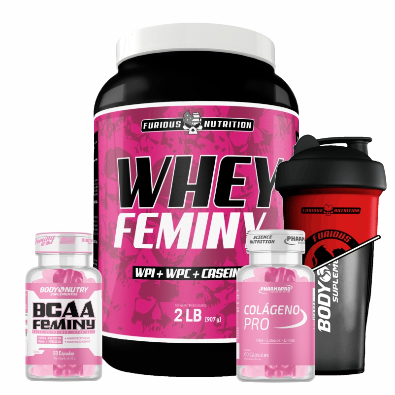 Kit Suplemento - Whey Protein com Colágeno + BCAA Feminno + Colágeno Feminino Para Pele, Cabelos e Unhas - PharmaPro + Coqueteleira 600ml