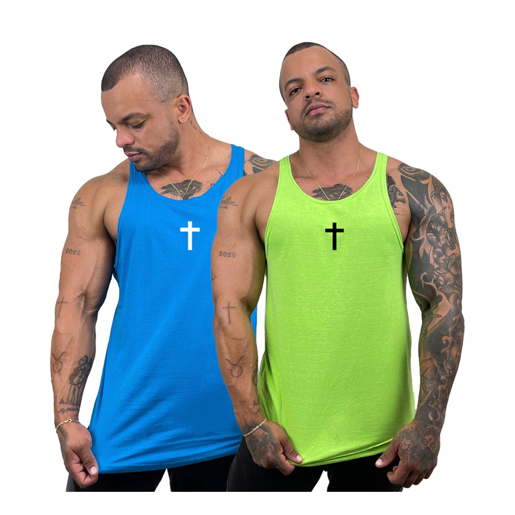 Kit com 2 Regatas Cavada Masculina em várias cores Estampa Cruz Verde Neon + Cores - Bombey em Oferta na Shopee