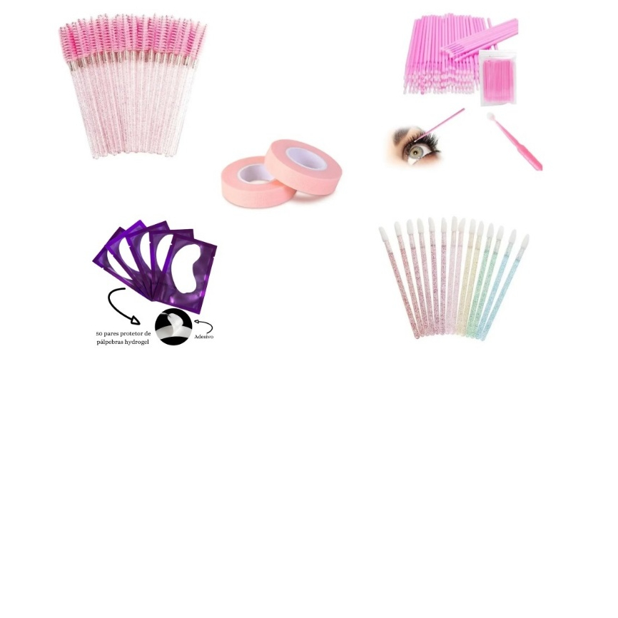 Kit Alongamento Cílios - 50 Pares Pad + 100 Microbrush + 50 Escovinhas + 50 Pincéis Aplicador Descartáveis + 2 Micropore