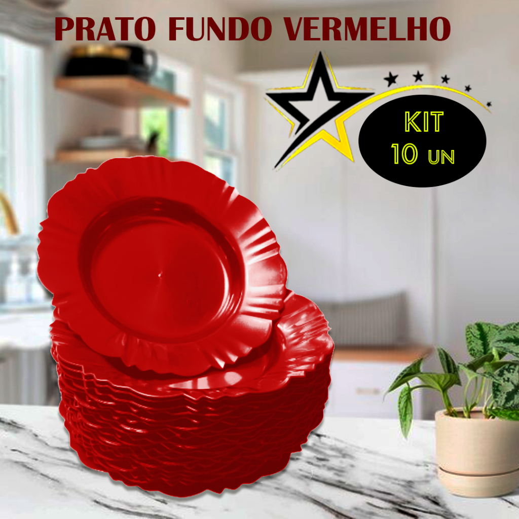 PRATO FUNDO KIT C/10 UNIDADES VERMELHO PLÁSTICO   churrasco festa aniversario almoço jantar lanche