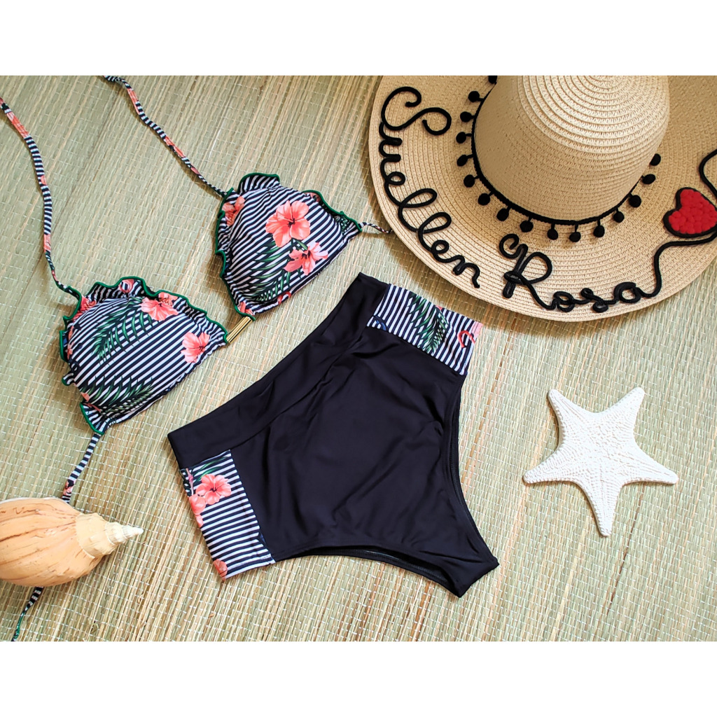 Biquíni Cintura Alta Cortininha Hotpants Riple com Bojo e Forro Listrado Âncora Flores