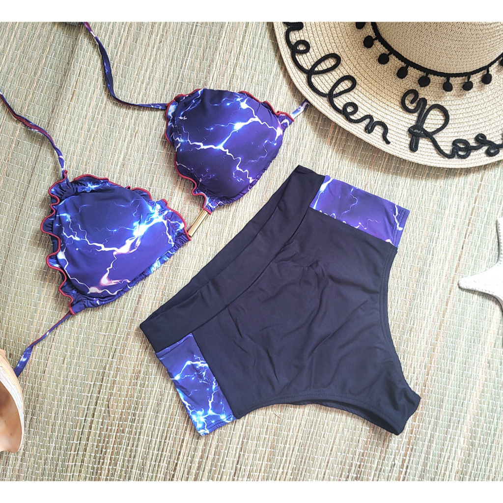 Biquíni Cintura Alta Cortininha Hotpants Riple com Bojo e Forro Raios e Trovão Azul