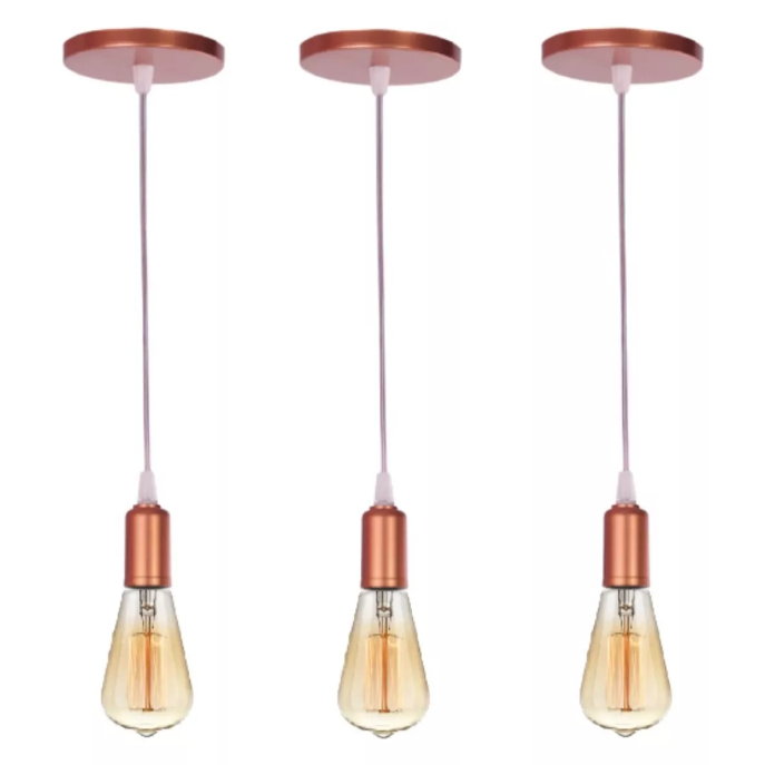 Kit 3 Pendentes Lustres Luminarias Fio Simples Bocal E-27 Retrô Rose Gold