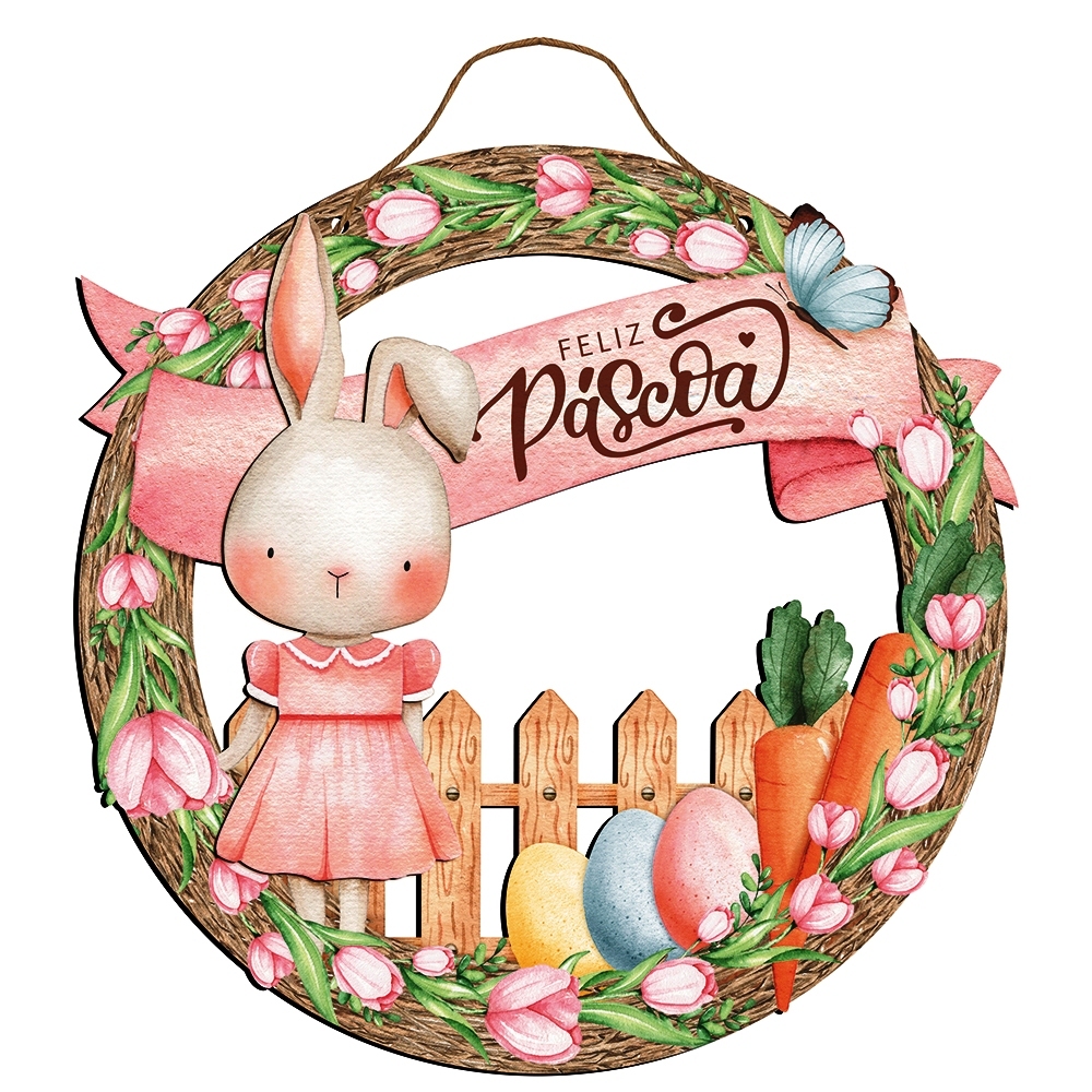 Placa Decorativa em MDF Guirlanda Adesivada - Pascoa - Coelhinha Rosa em Oferta na Shopee
