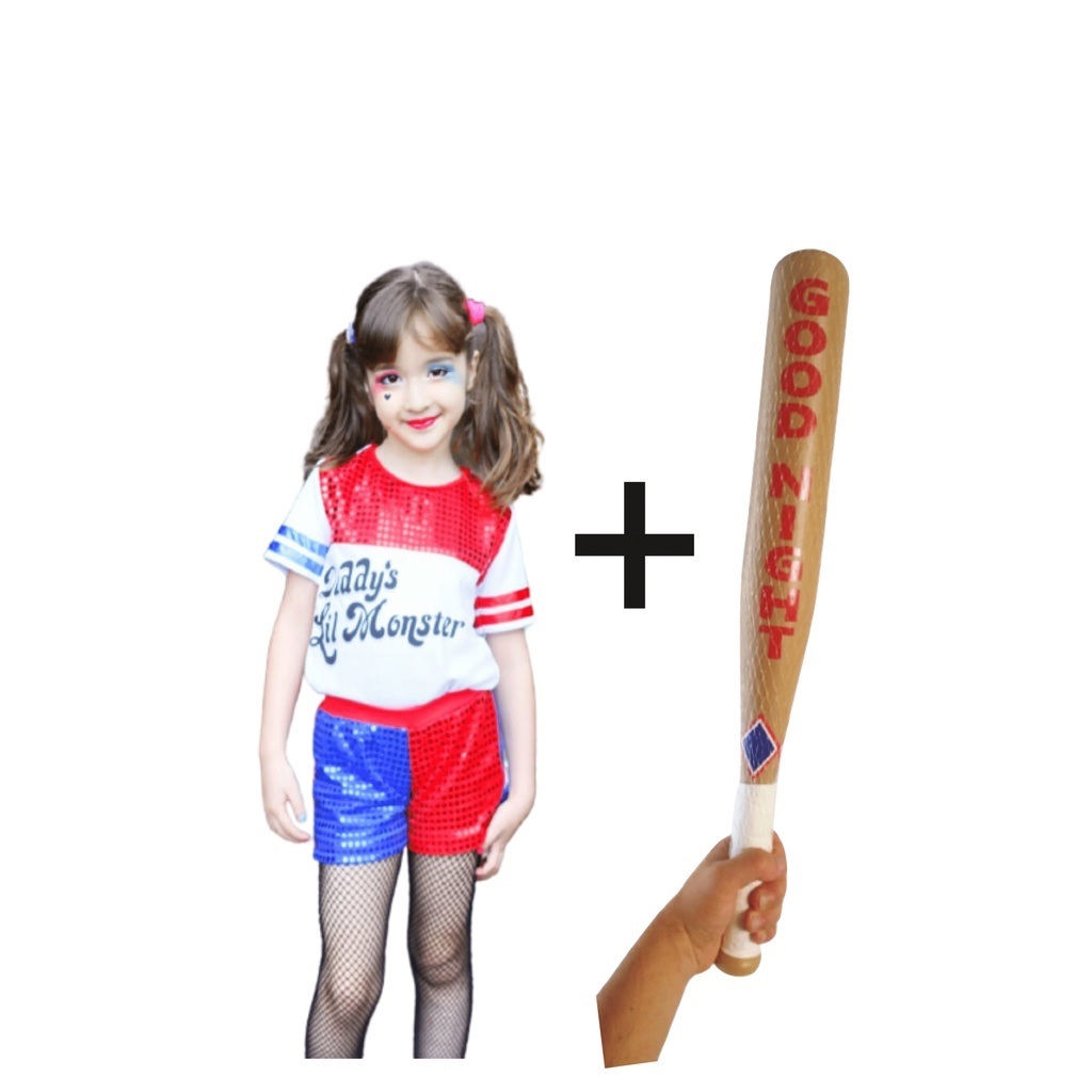 Fantasia infantil arlequina com bastão/taco até tamanho 16