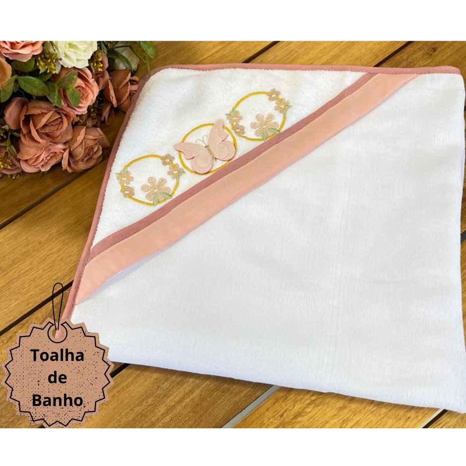 Toalha De Banho Bebe Com Capuz Forrada Tema Borboleta 3D Rose