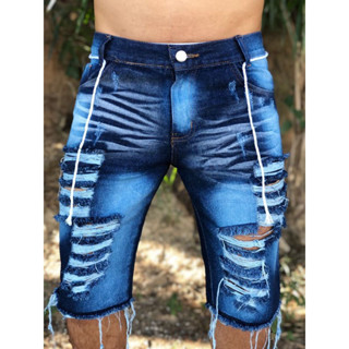 Bermuda Masculina Jeans Rasgada Destroyed Sem Lycra Elastano