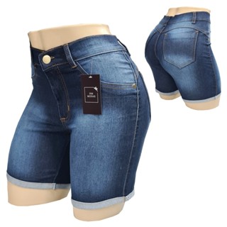 Short Jeans Feminino Meia coxa Lycra Cintura Alta Bermuda Cumprida