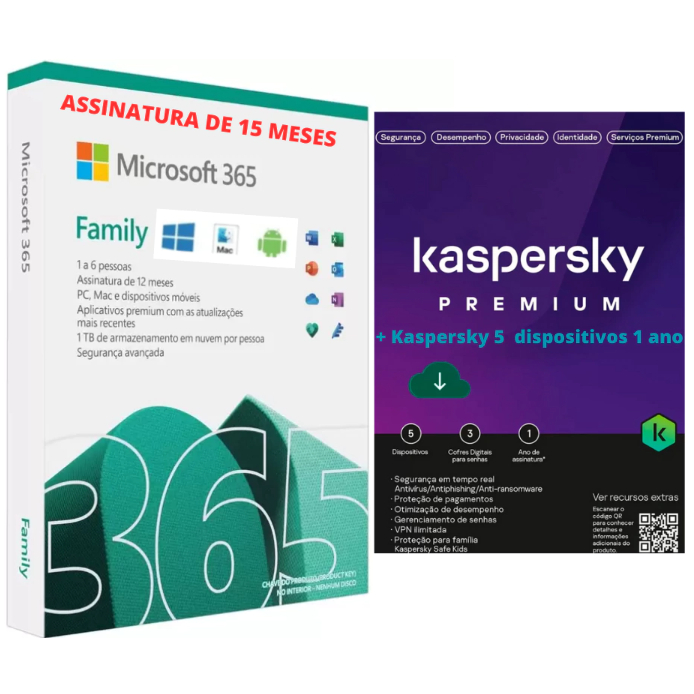 Microsoft 365 Family licença de 15 meses p/ 6 usuário + 6 TB, nas nuvem + Antivírus Kaspersky Premium 12 meses para 5 dispositivos