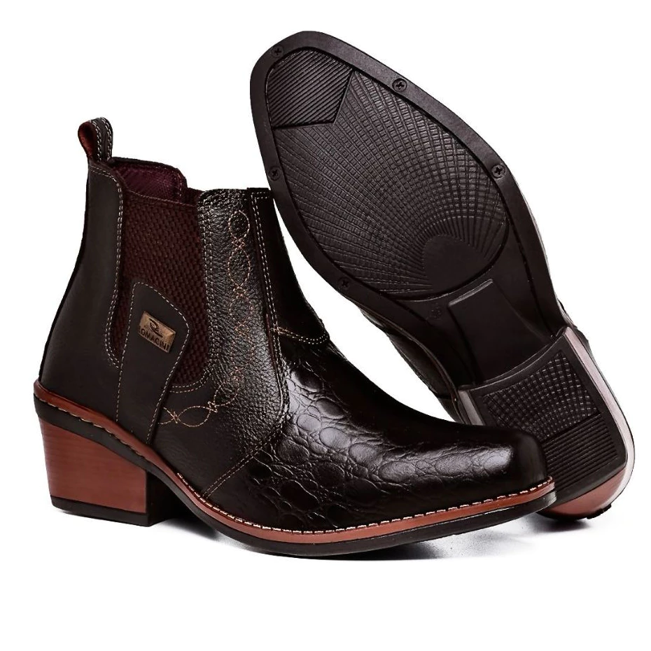Bota Botina Masculina Texas Country Confortável Couro Legitimo Salto 7cm bico quadrado Solado Costurado Antiderrapante Romacini
