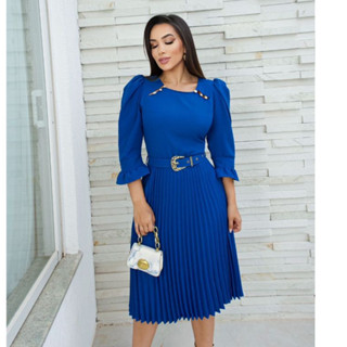 vestido midi no lese de malha com detalhes em gripir, manga curta com elasteque saia com prissada, forrado sem bojo moda evangélica