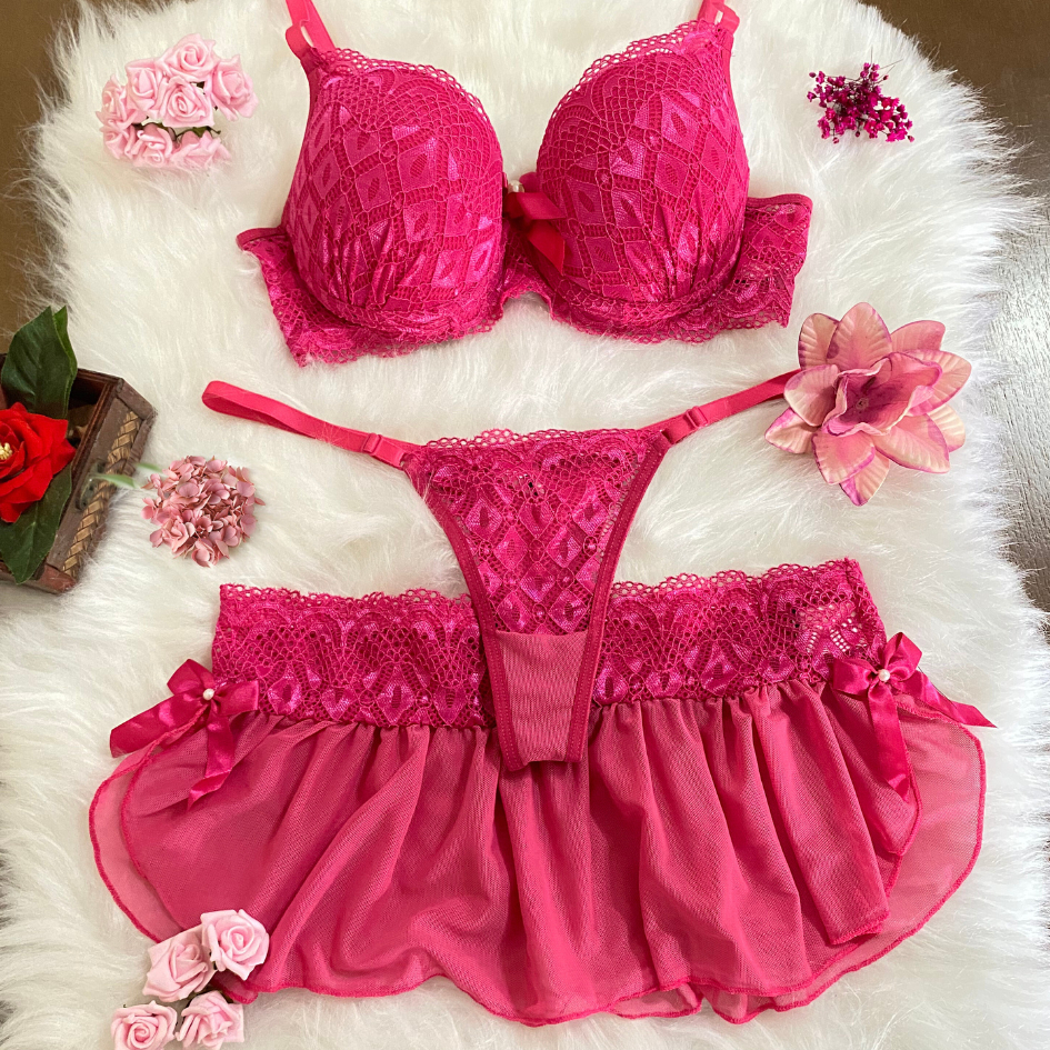 Conjunto Trio Serena Lingerie Com Bojo Sensual Roupa Intima com Saia Calcinha fio dental e Sutia soutien langerie de luxo em Oferta na Shopee