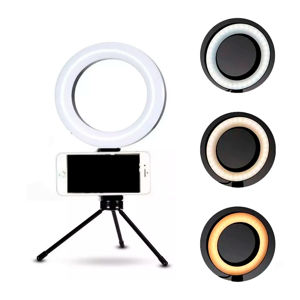 Ring Light De Mesa Iluminador Led Tripé 6 Polegadas Forte Luz Celular