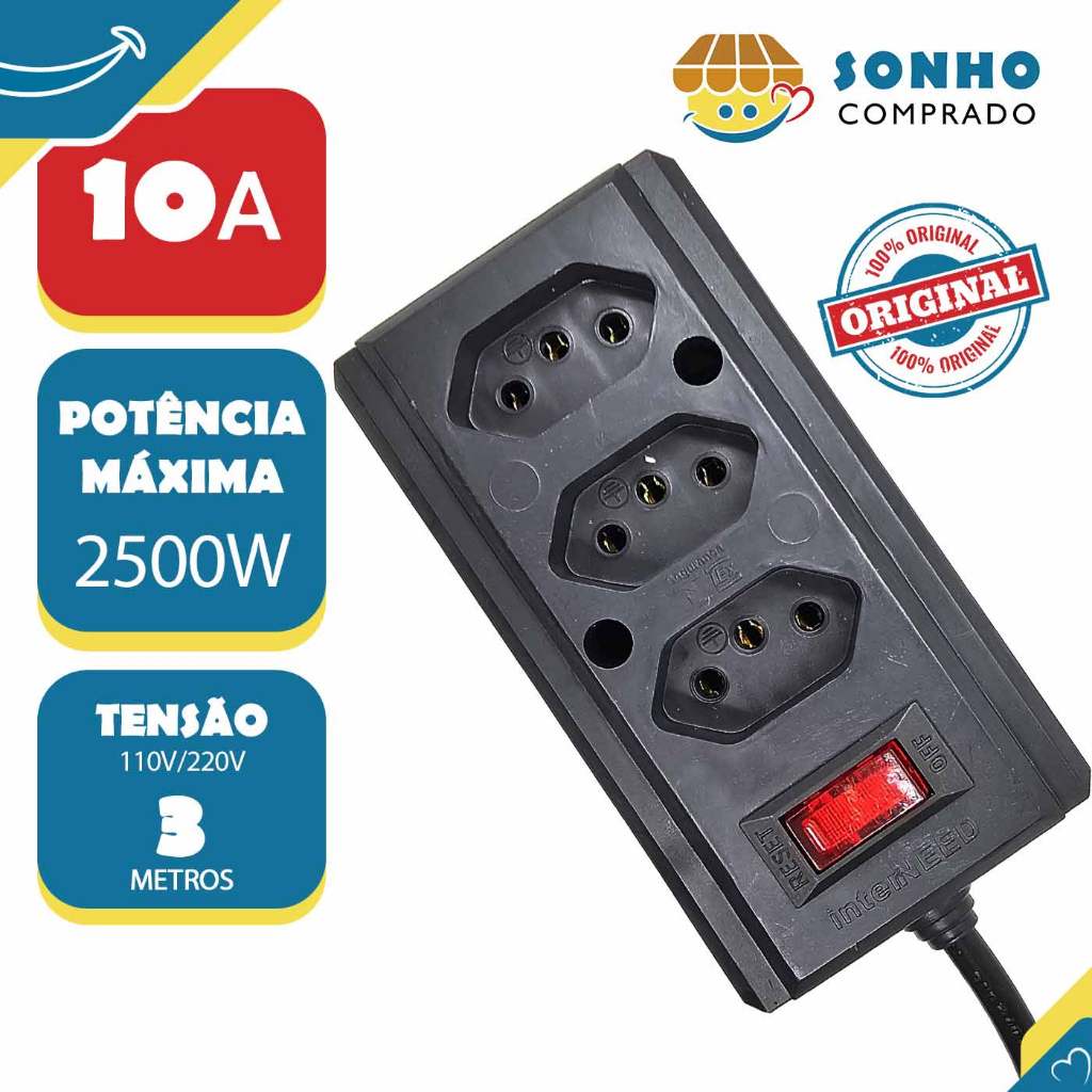 Filtro De Linha Hercules 1102V/220V 3 Tomadas 3M Preto 066897 InterNEED