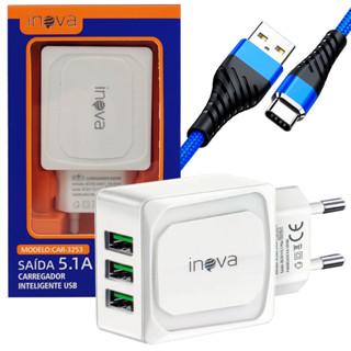 Kit Carregador Celular 3 Entradas Fonte USB + Cabo Carregador 2 Metros iPhone Android V8 Tipo C