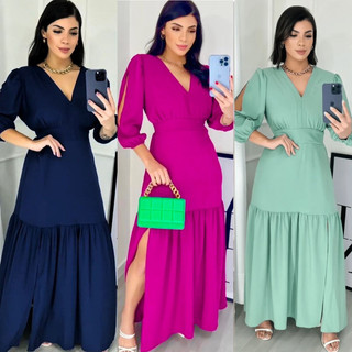 Vestido manga 3/4 com fenda longo feminino tecido Duna e viscolinho abertura nas Manga. moda evangélica festa