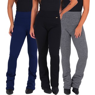 Kit 3 Calças Flare Bailarina Peluciada Suplex Grosso Forrado Cintura Alta Yoga Inverno