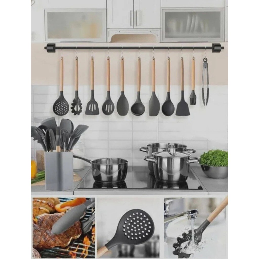 Conjunto de Utensílios Cozinha de Silicone 5 Peças Antiaderente Cabos em Madeira Bambu