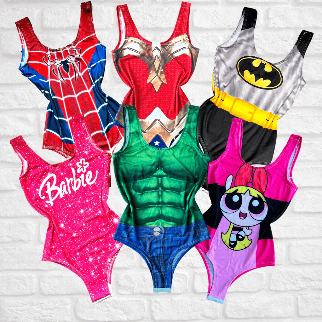 Body carnaval body temático adulto fantasia/ mulher  maravilha/barbie/batman/homem aranha