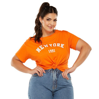 Blusa Plus Size T-shirt Moda Blogueira New York Laranja Manga Curta Verão