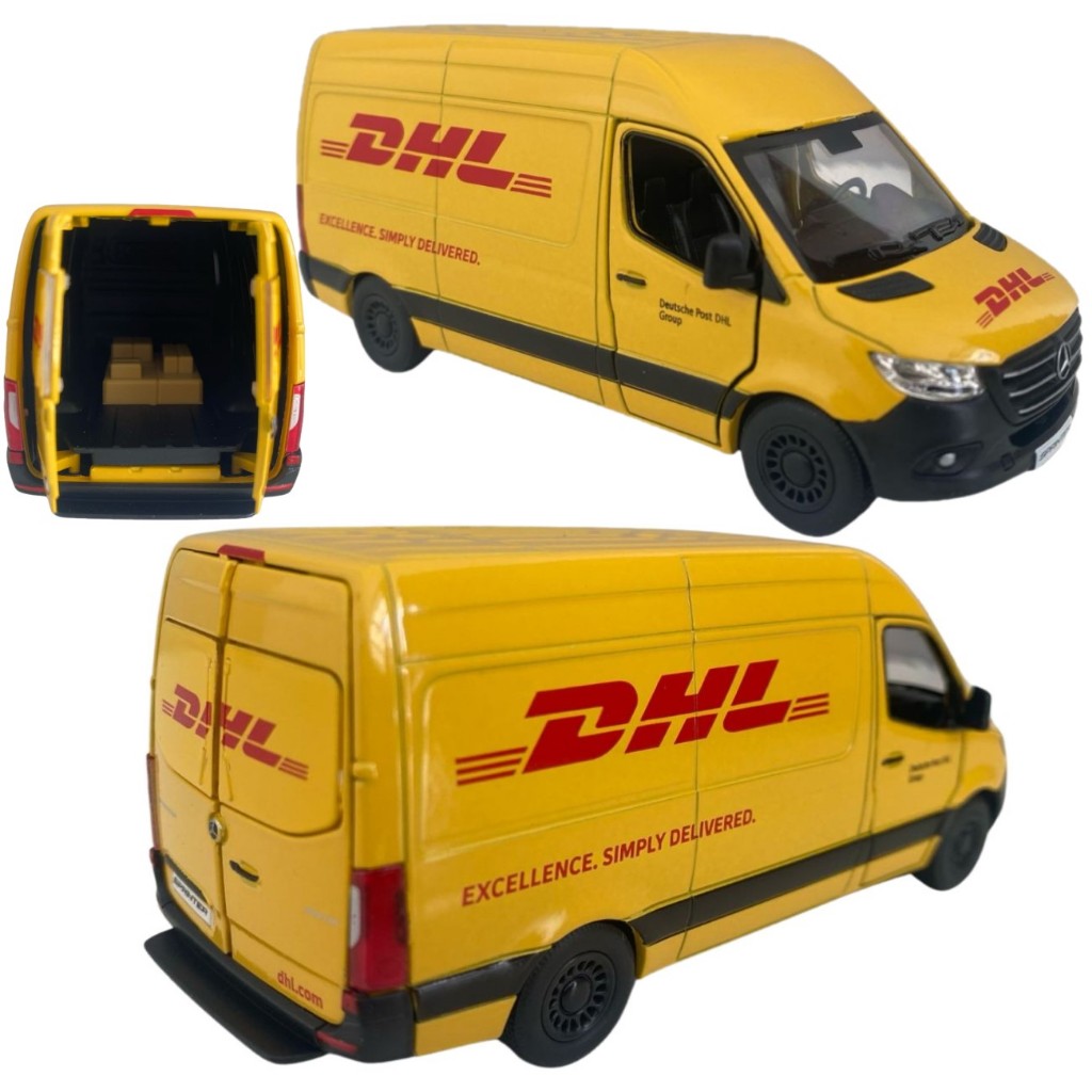 Carro Miniatura Carrinho Ferro Van Mercedes Benz Sprinter DHL Abre as Portas e Tampa Traseira