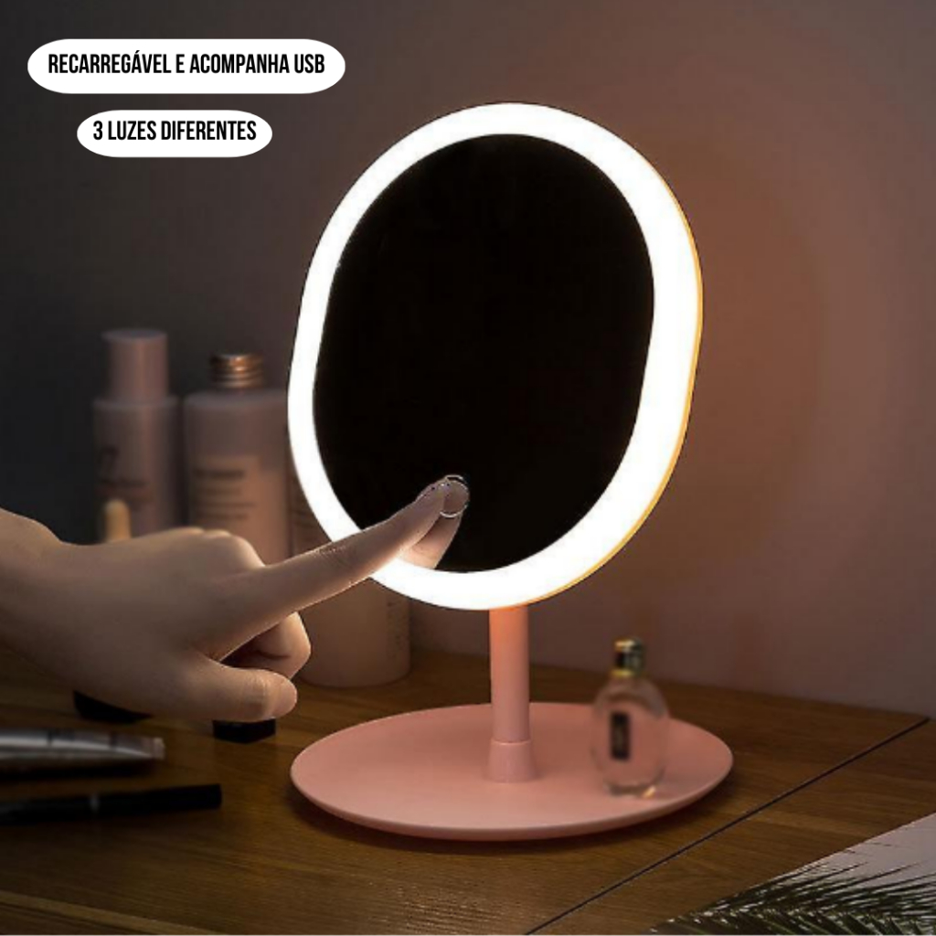 Espelho Maquiagem Base Suporte Acessórios USB Recarregável Mesa Luz Claro Led Portátil Ajustável Oval Retangular