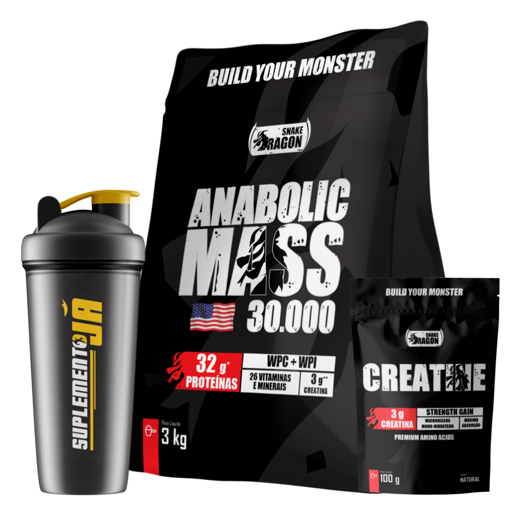 Kit Hipercalórico Ganho de Massa Muscular - Anabolic Mass, 3kg + Creatina 100g + Coqueteleira 600ml