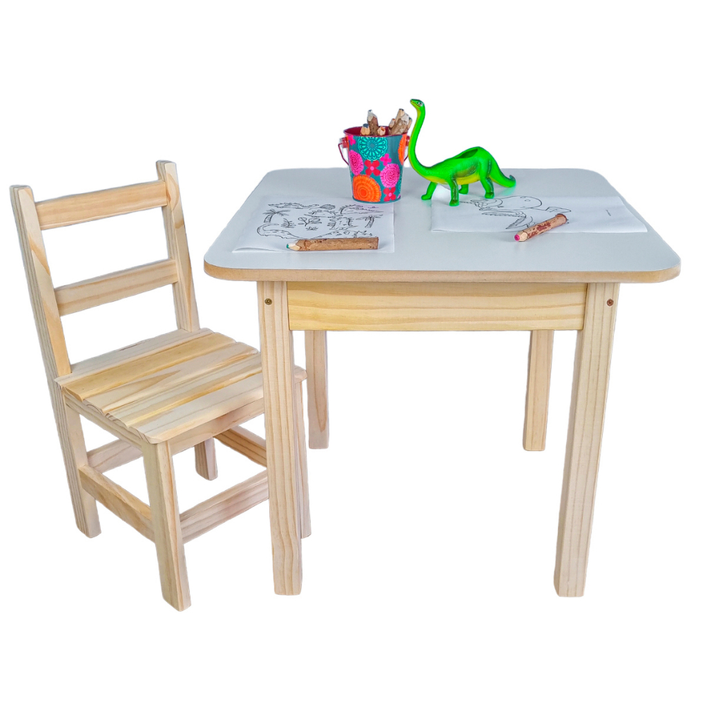 Conjunto Mesa Quadrada Infantil Madeira Maciça Resistente 1 Cadeira Cadeirinha