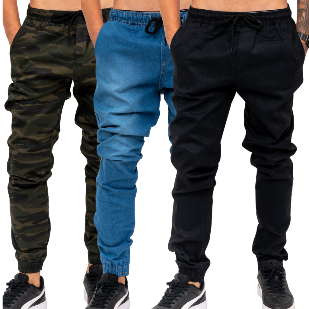 Kit 3 Calças Jeans Camuflada Masculina Jogger C/ Punho Lycra em Oferta na Shopee