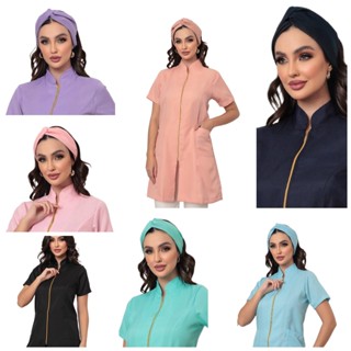 Jaleco Feminino Diversas Cores Manga Curta Ziper + Turbante Malta