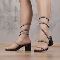 Sandália Feminina Domidona Salto Grosso Bloco Confortável Espiral Strass Moda Elegante