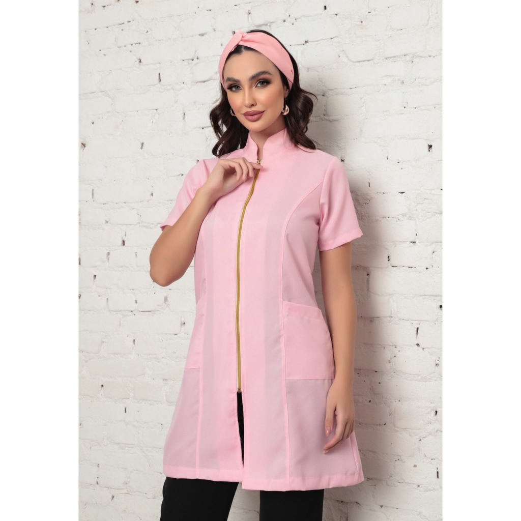 Jaleco Rosa Feminino Acinturado Gola Padre c/ Ziper Manga Curta Malta Gardenia Jalecos