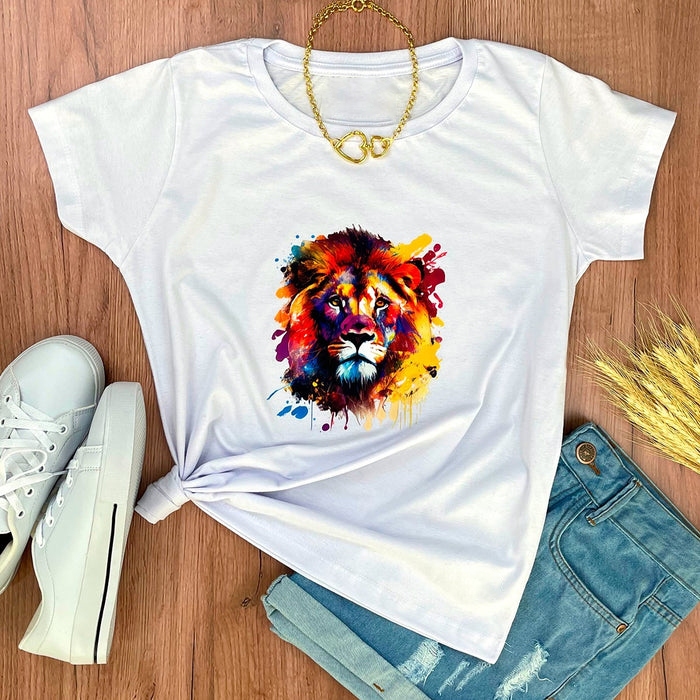 Camiseta Leão Colorido Moda Evangélica T-shirt Feminina Baby Look Algodão Premium Gospel Estilo e Fé