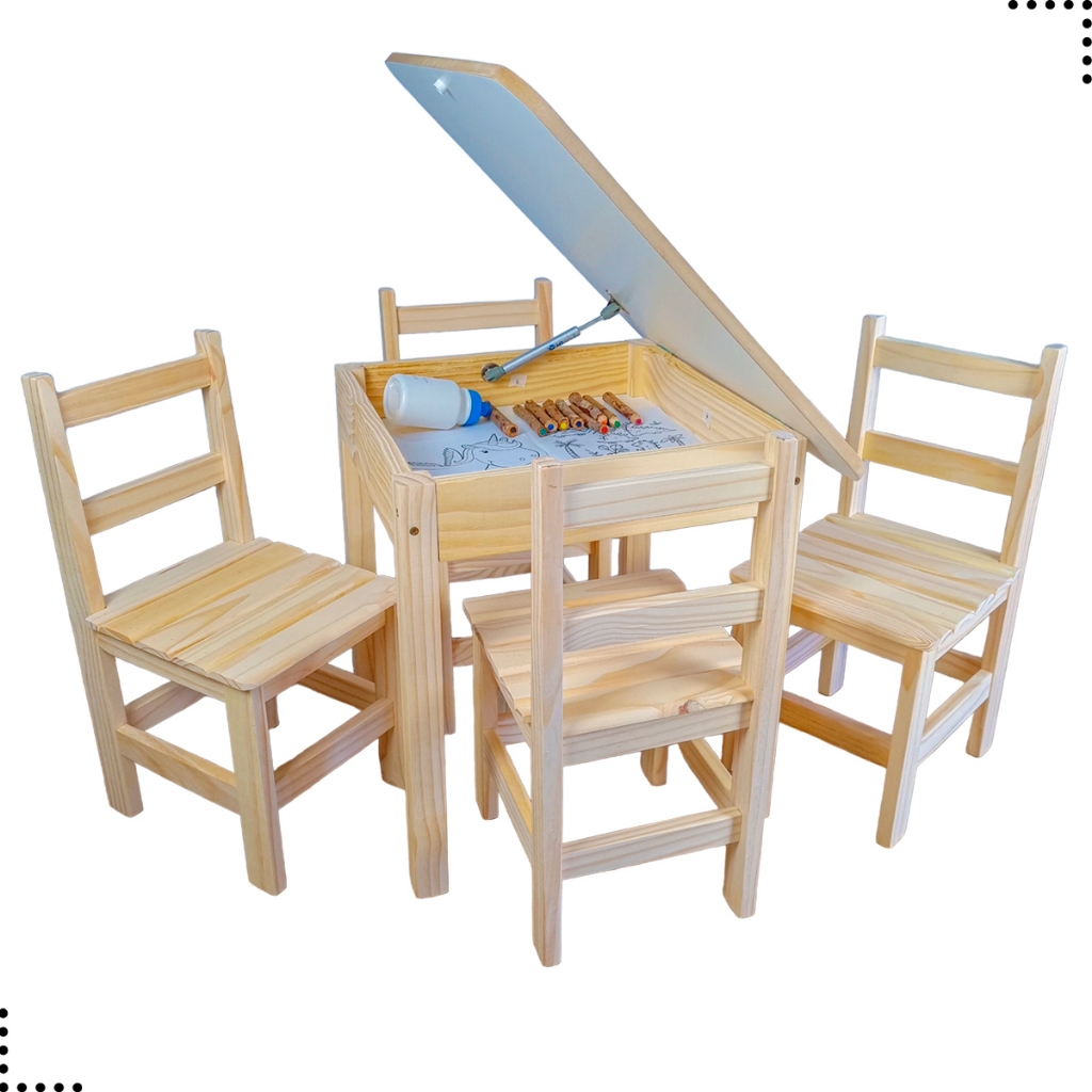 Conjunto Mesa Baú Quadrada Infantil Madeira Maciça Resistente 4 Cadeira Cadeirinha